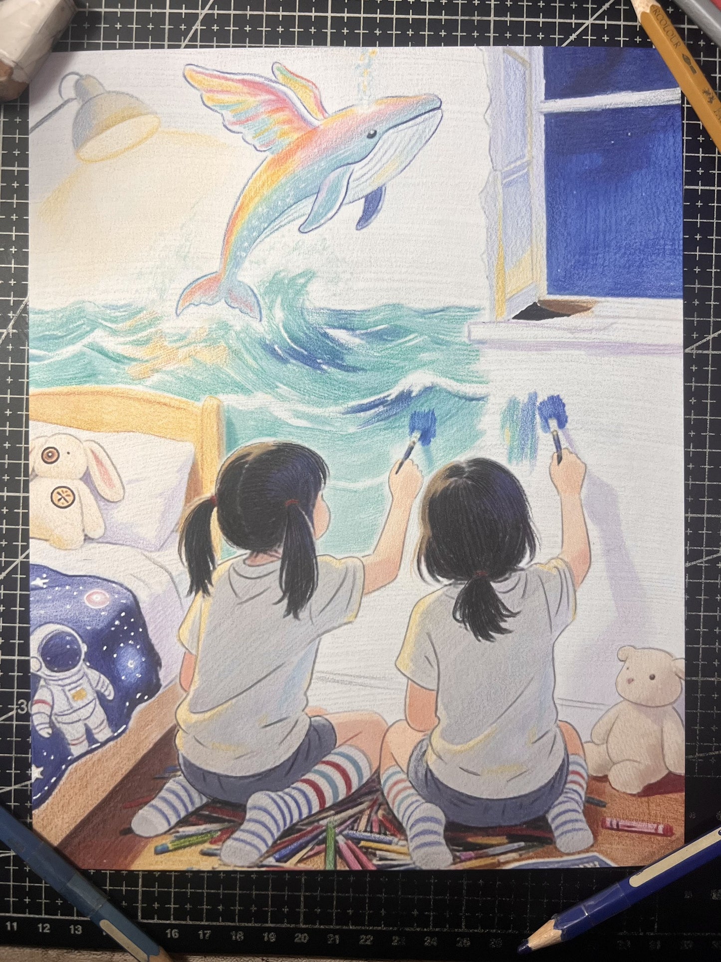 A Girl’s Painted Fantasy Sea: Original Hand-Painted Flying Whale Dream