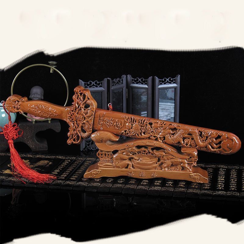 60cm Genuine Peach Wood "Hundred Blessings" Sword - Bat Carved Peachwood Sword for Home Decor & Fortune Attraction
