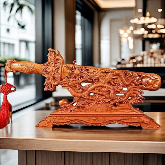 60cm Genuine Peach Wood "Hundred Blessings" Sword - Bat Carved Peachwood Sword for Home Decor & Fortune Attraction