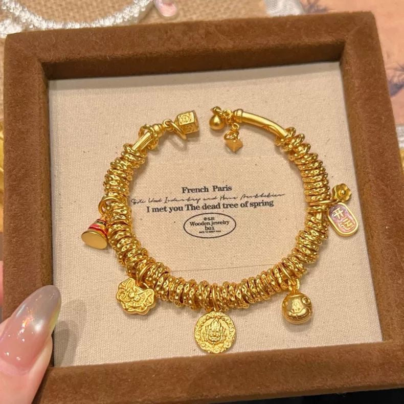 Retro Yellow God of Wealth Panchan Bracelet | Niche Design, Openable & Adjustable Size for Luck