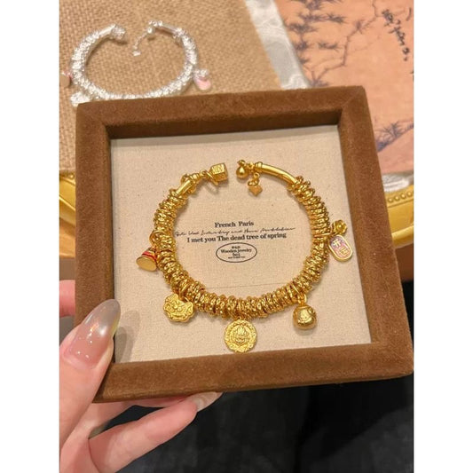 Retro Yellow God of Wealth Panchan Bracelet | Niche Design, Openable & Adjustable Size for Luck
