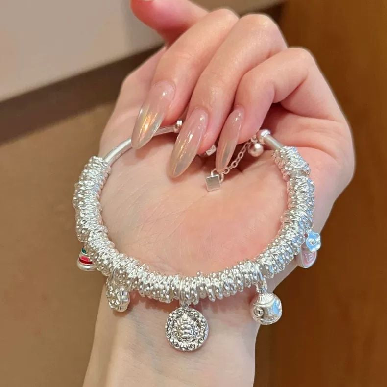 New Chinese Silver God of Wealth Beast Panchan Bracelet Open Adjustable Size Vintage Wish Tower Peach Blossom Bangle
