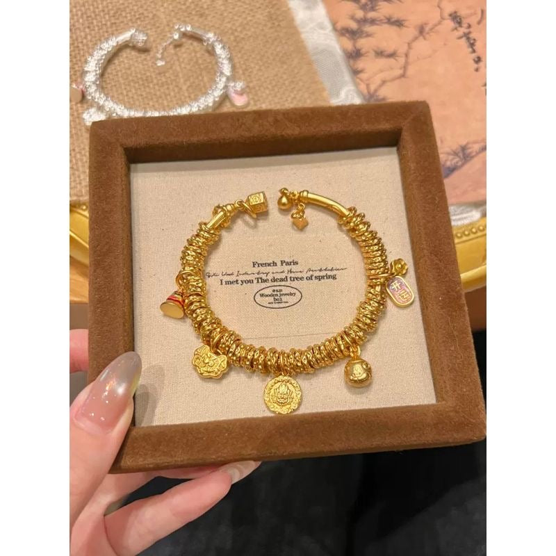 Retro Yellow God of Wealth Panchan Bracelet | Niche Design, Openable & Adjustable Size for Luck