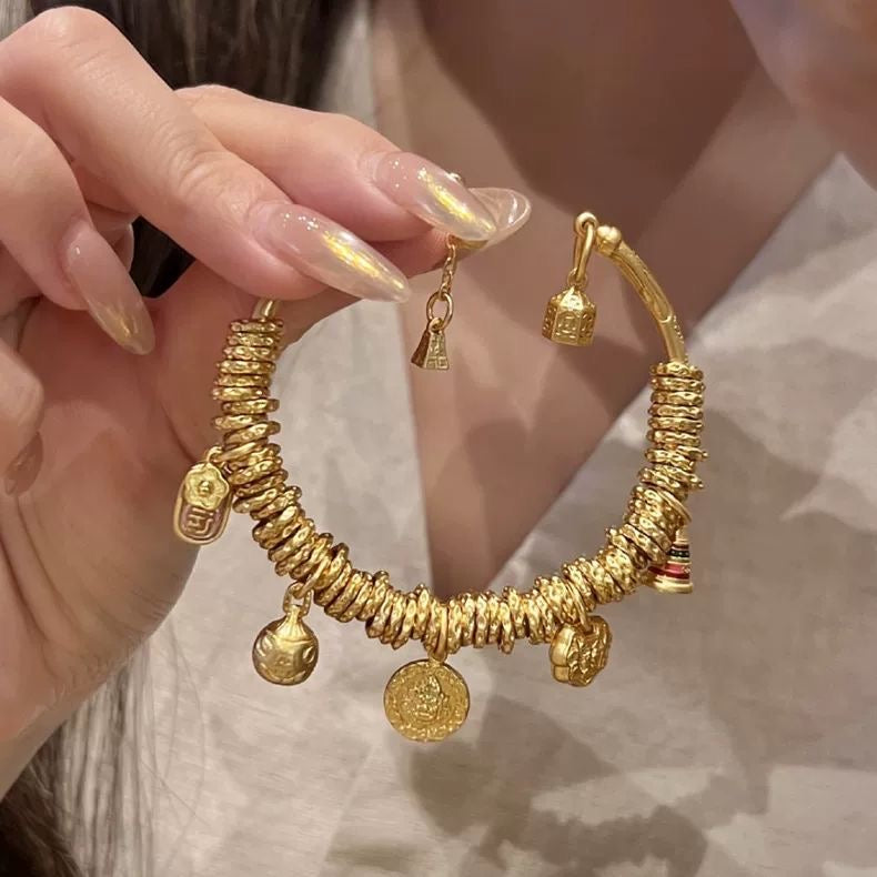 Retro Yellow God of Wealth Panchan Bracelet | Niche Design, Openable & Adjustable Size for Luck