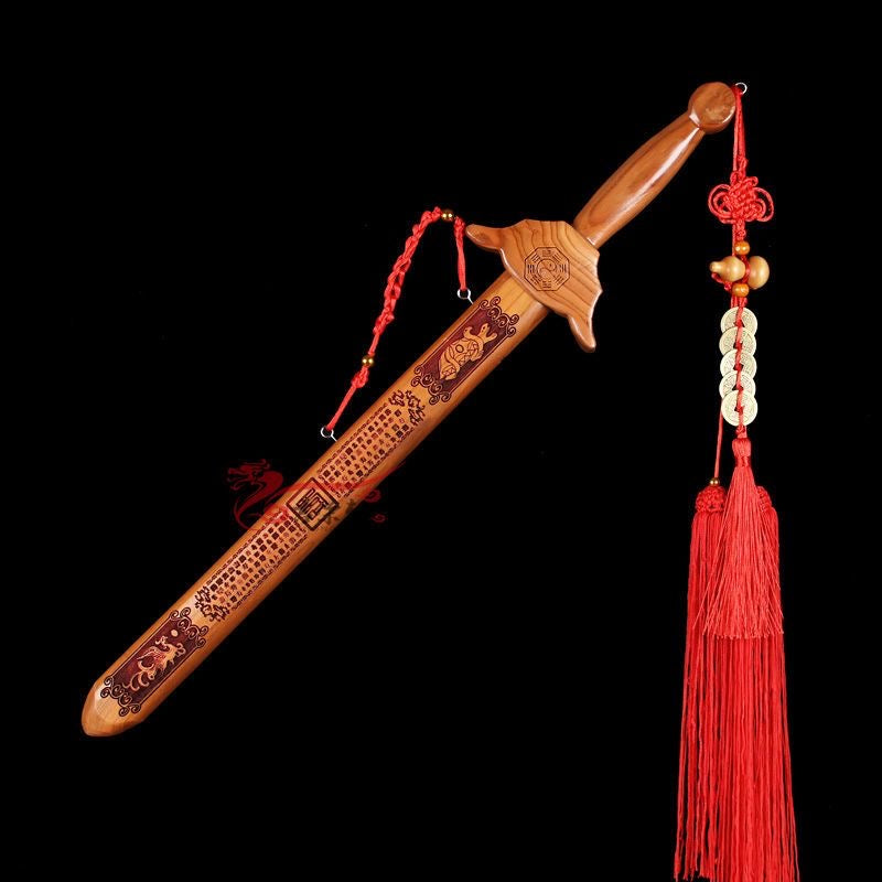 60cm Genuine Peach Wood "Hundred Blessings" Sword - Bat Carved Peachwood Sword for Home Decor & Fortune Attraction