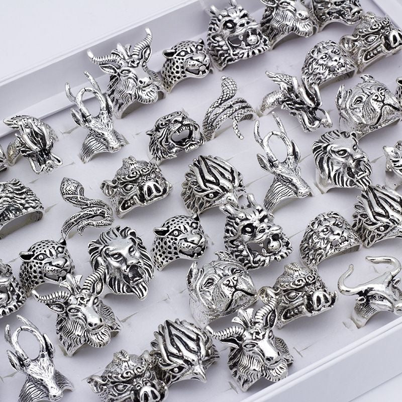 Domineering Men’s Alloy Ring 100 PCS Zodiac Animal Ring Open Adjustable Non-Tarnish Band