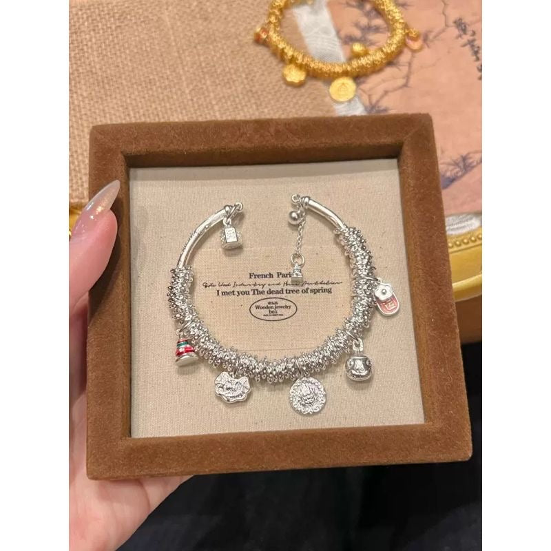 New Chinese Silver God of Wealth Beast Panchan Bracelet Open Adjustable Size Vintage Wish Tower Peach Blossom Bangle