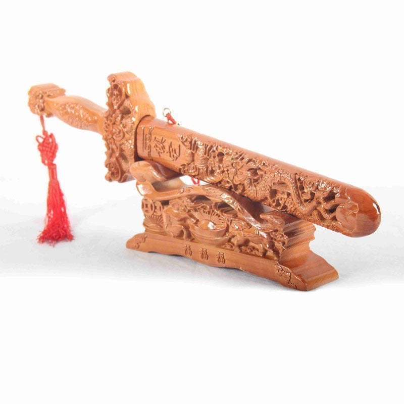 60cm Genuine Peach Wood "Hundred Blessings" Sword - Bat Carved Peachwood Sword for Home Decor & Fortune Attraction