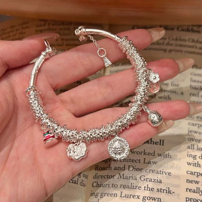 New Chinese Silver God of Wealth Beast Panchan Bracelet Open Adjustable Size Vintage Wish Tower Peach Blossom Bangle