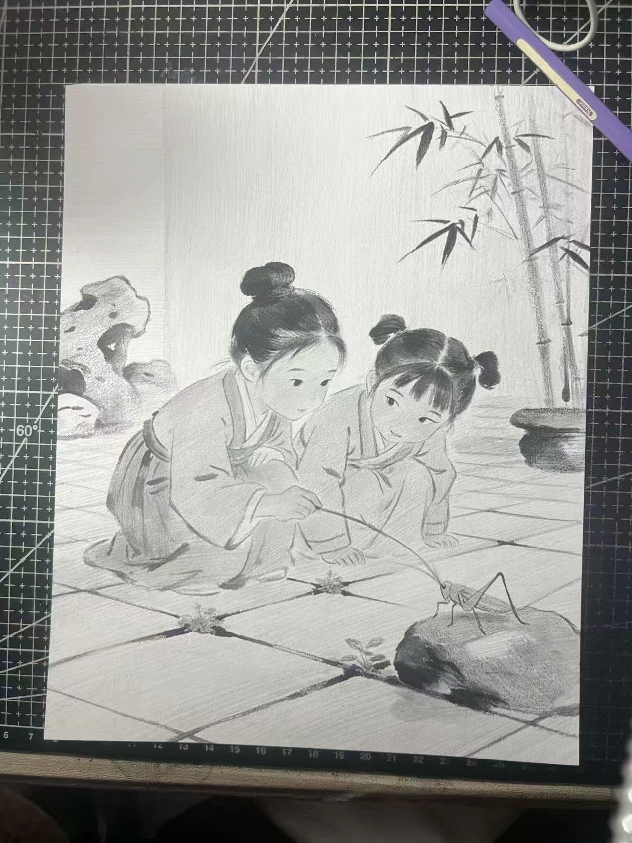 Innocent Brushstrokes Paint Childhood: Original Sketch of Playing with Insects Among Bamboos