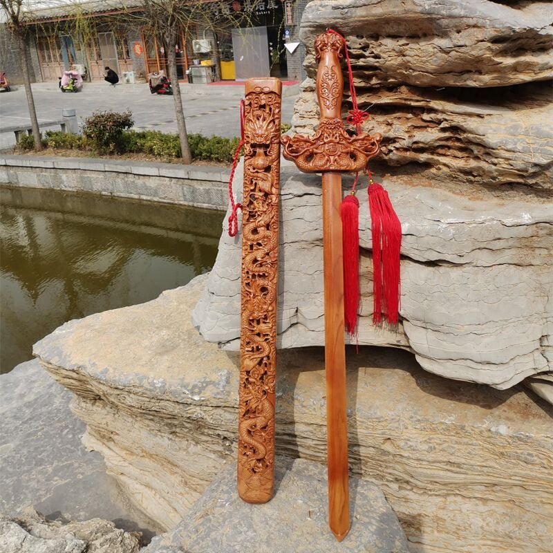 60cm Genuine Peach Wood "Hundred Blessings" Sword - Bat Carved Peachwood Sword for Home Decor & Fortune Attraction