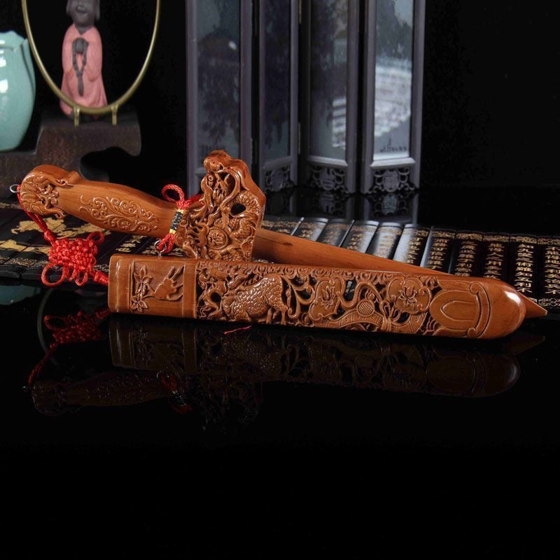 60cm Genuine Peach Wood "Hundred Blessings" Sword - Bat Carved Peachwood Sword for Home Decor & Fortune Attraction