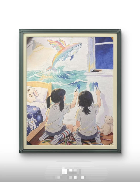 A Girl’s Painted Fantasy Sea: Original Hand-Painted Flying Whale Dream